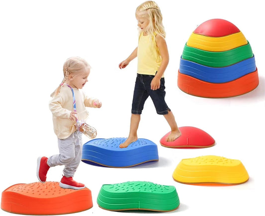 Kids Stepping Stones, 5-Pack Non-Slip Balance Stones for Kids — Plastic & Rubber Sensory Balance Toys for Toddlers (Ages 2–6), Indoor & Outdoor Obstacle Course
