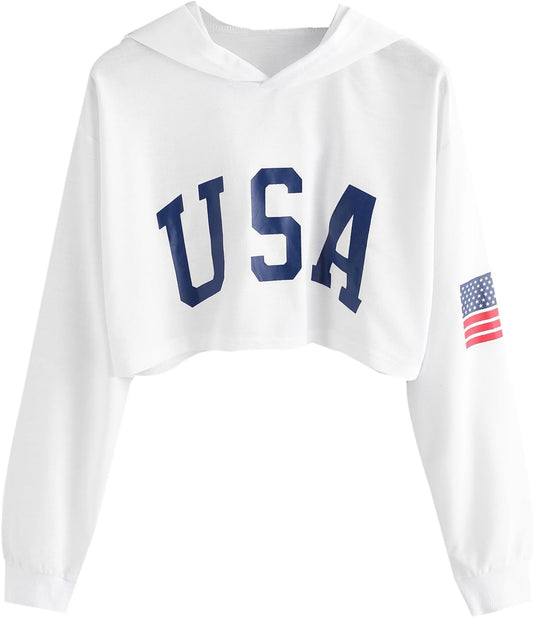 Women'S American Flag Long Sleeve Hoodies Letter Graphic Crop Top Hooded Sweatshirts